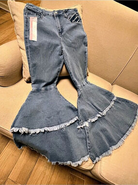 Gogo Star Double Ruffle Flare Jeans Blue Girls 14 NWT